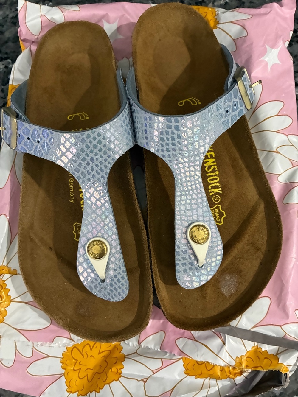 Birkenstock Gizeh Iridescent Lavender Snake-Print Thong Sandals